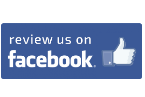 Blue “review us on facebook” banner with the Facebook logo and thumbs-up icon