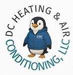 DC Heating & Air Conditioning logo with a cartoon penguin in a blue hoodie