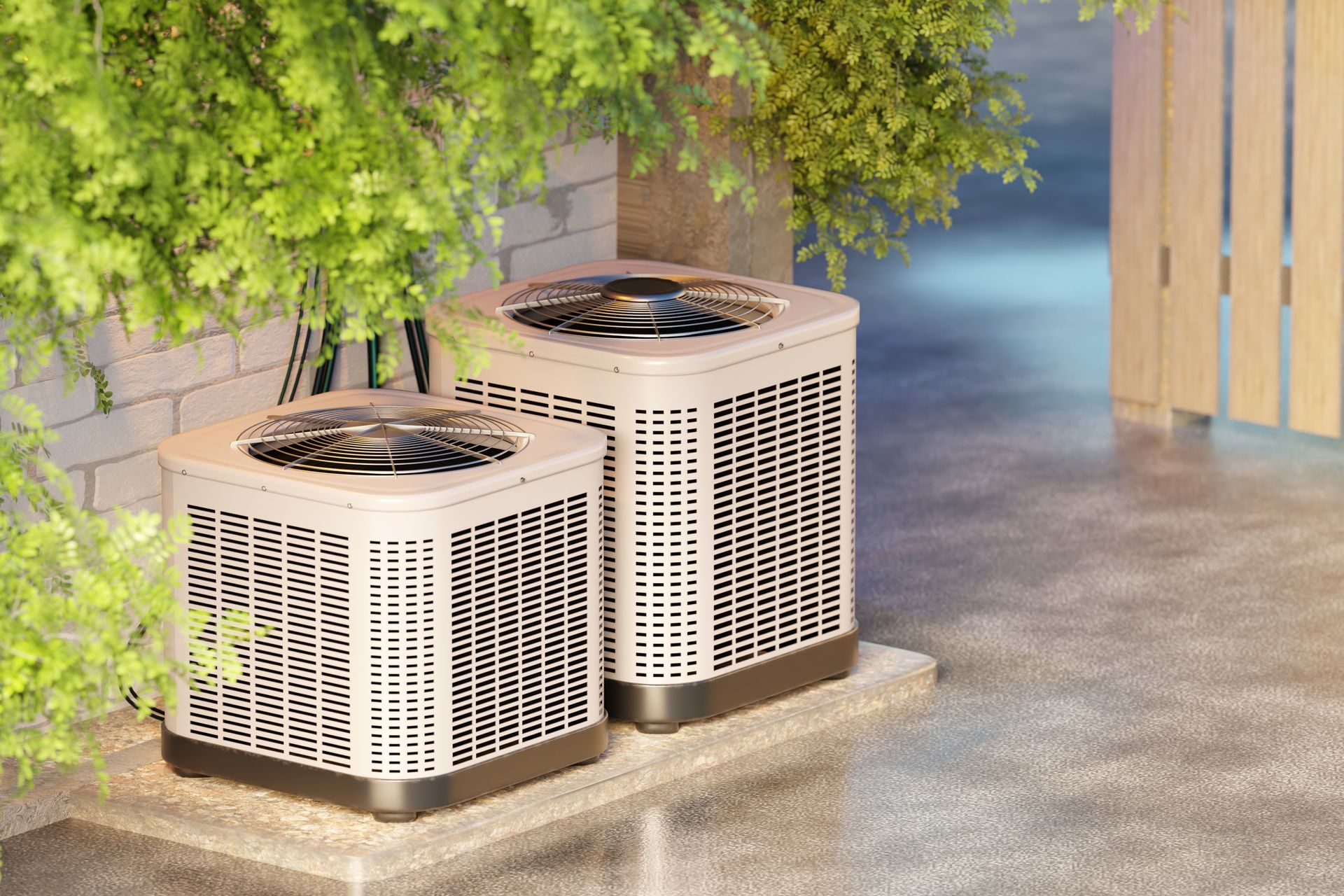 Two outdoor HVAC units beneath a tree beside a wall and walkway