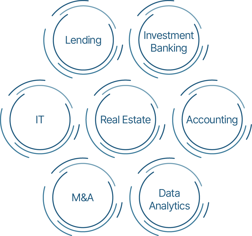 A diagram of various financial services including lending investment banking real estate accounting and data analytics