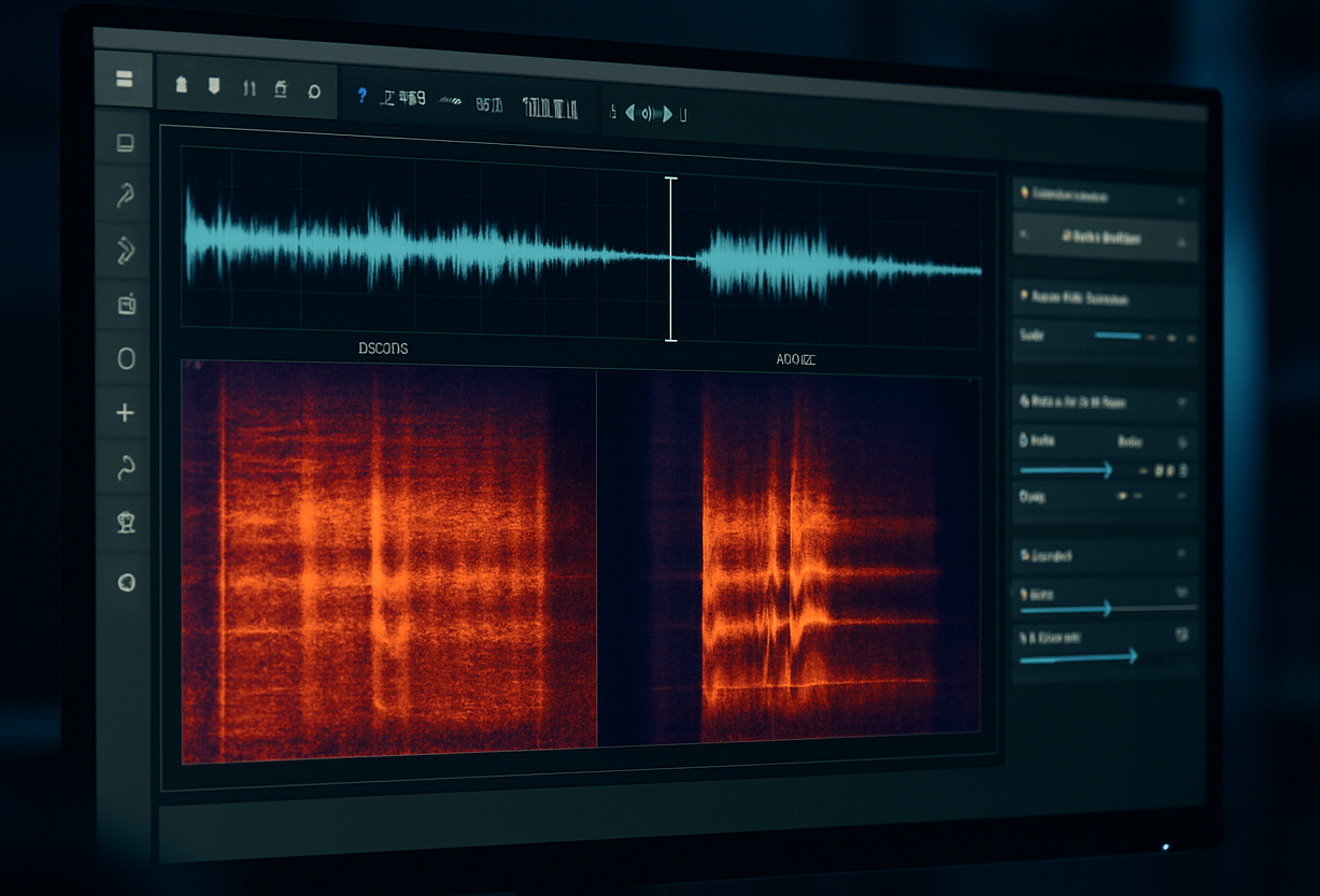 Computer monitor image of forensic audio software displaying waveform and spectrogram views for analysis.