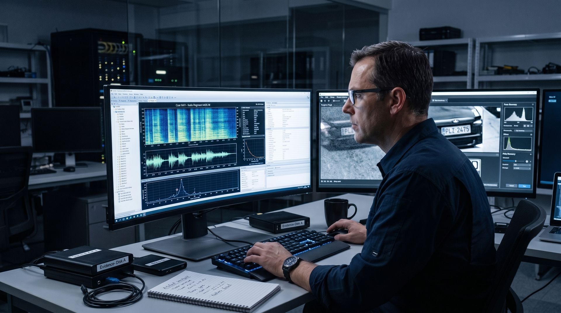 Man monitoring multiple data screens in a dark office, typing at a desk with charts and technical displays.