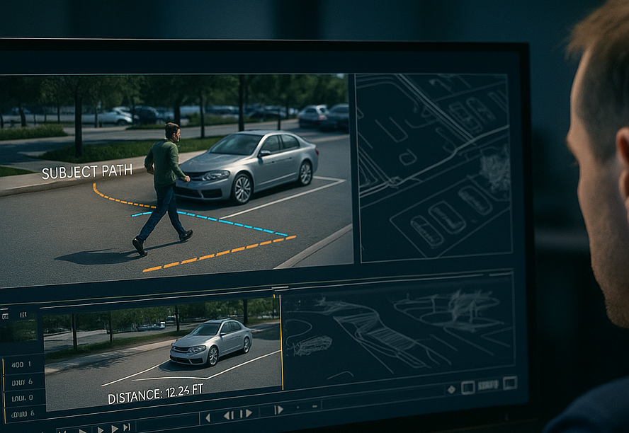 Video forensic expert analyzing video and timeline evidence to clarify suspect images.