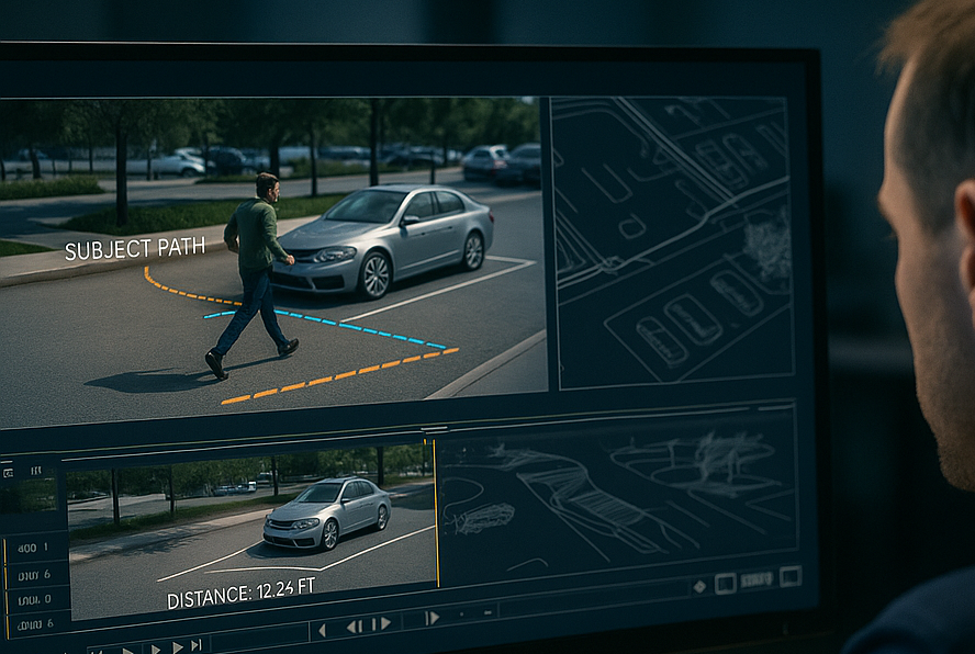 3D forensic visualization expert conducting video and 3D modeling measurements and analysis.