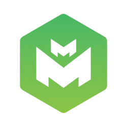 A green hexagon with a white letter m inside of it for a company called Market Muscles