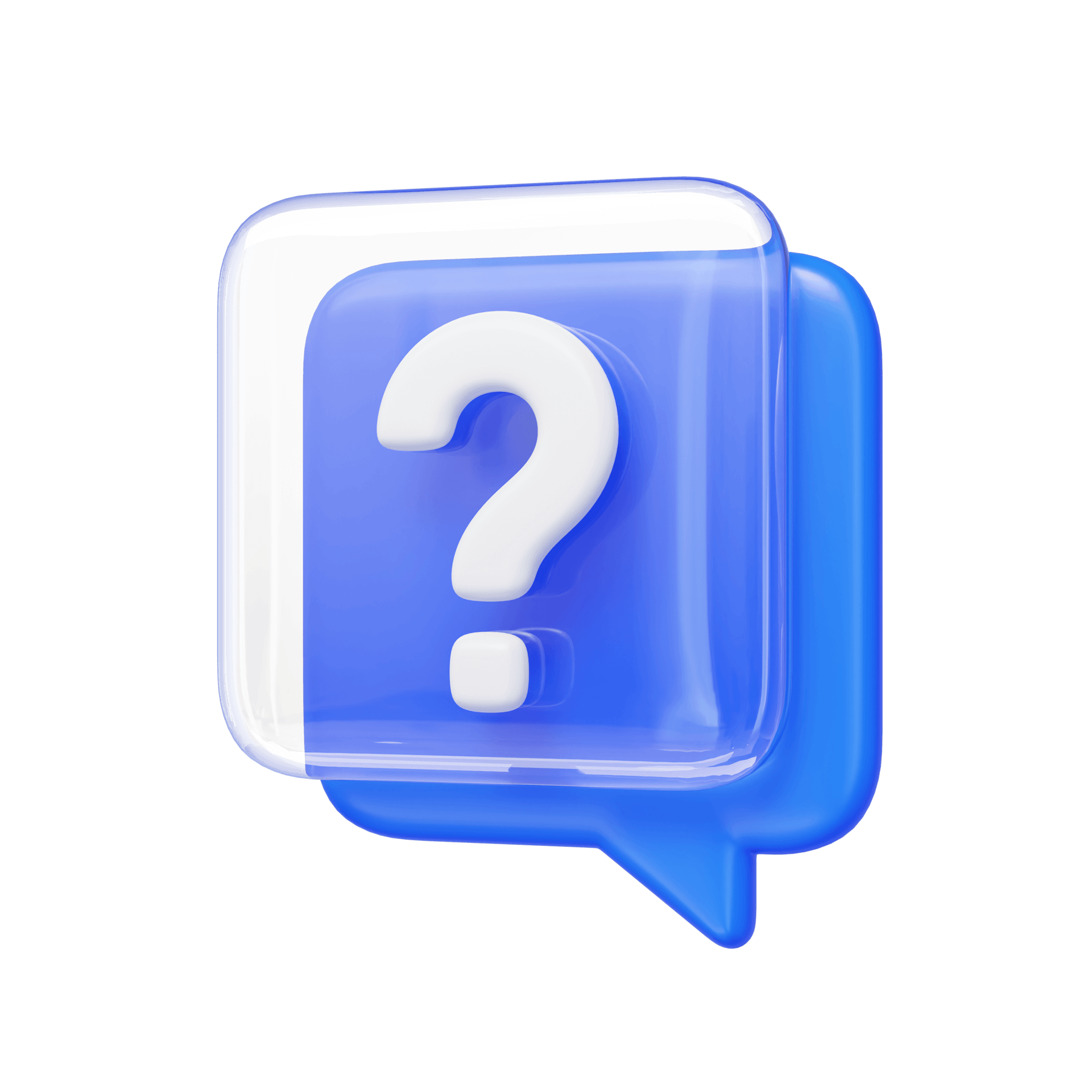 A question mark in a speech bubble on a white background.