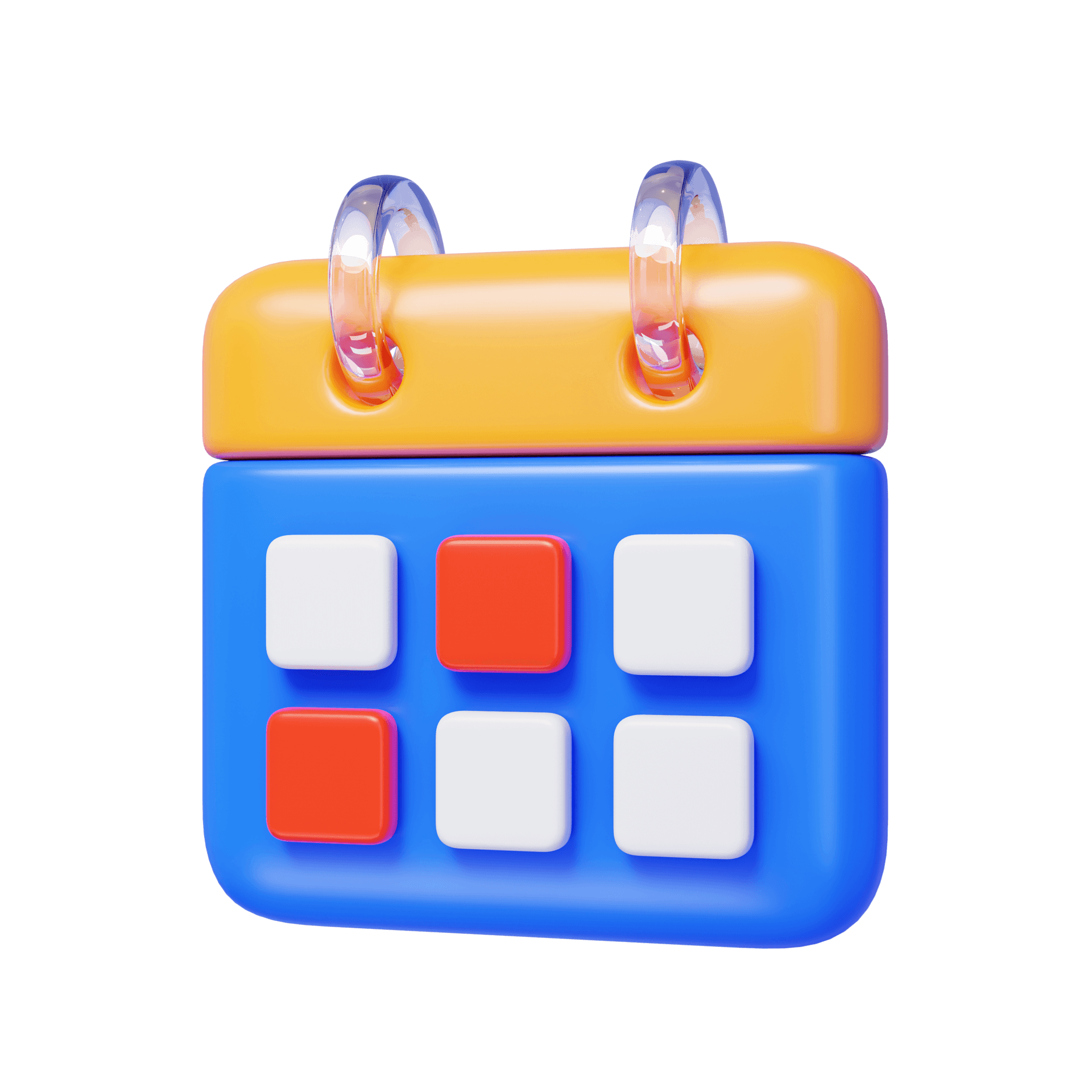 A blue and yellow calendar with red and white squares on it.