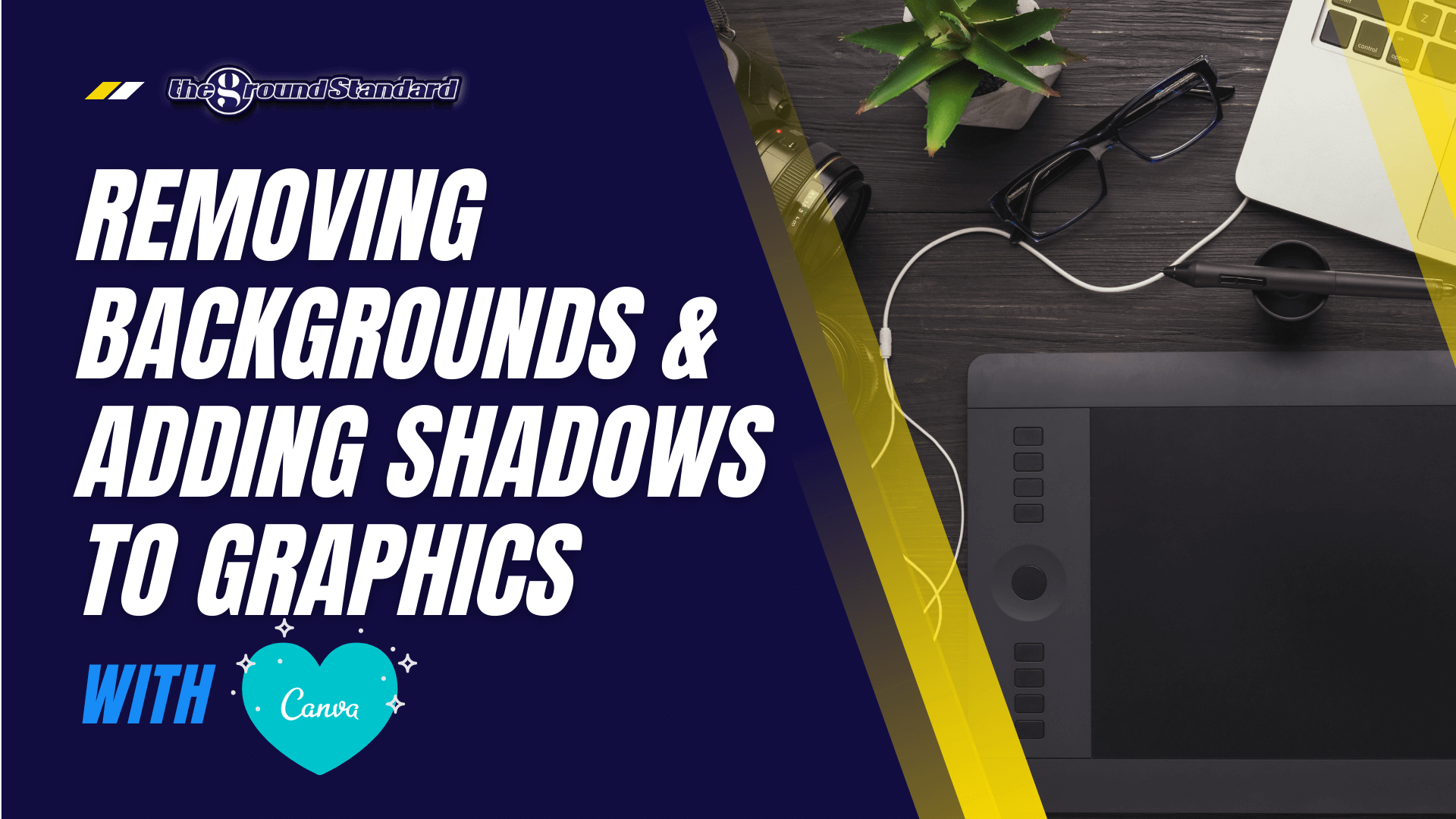 A laptop and a tablet on a desk with the words removing backgrounds and adding shadows to graphics