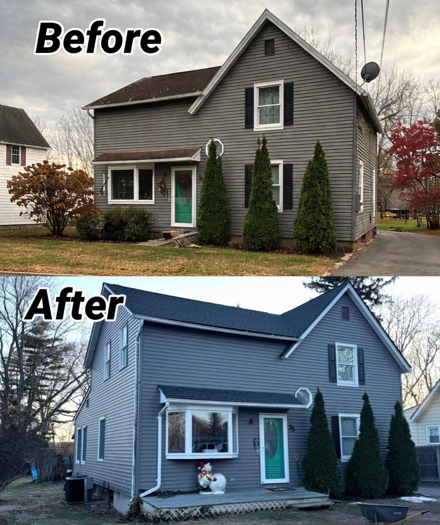 Before-and-after exterior of a gray house, showing a refreshed blue-gray siding and trim makeover.