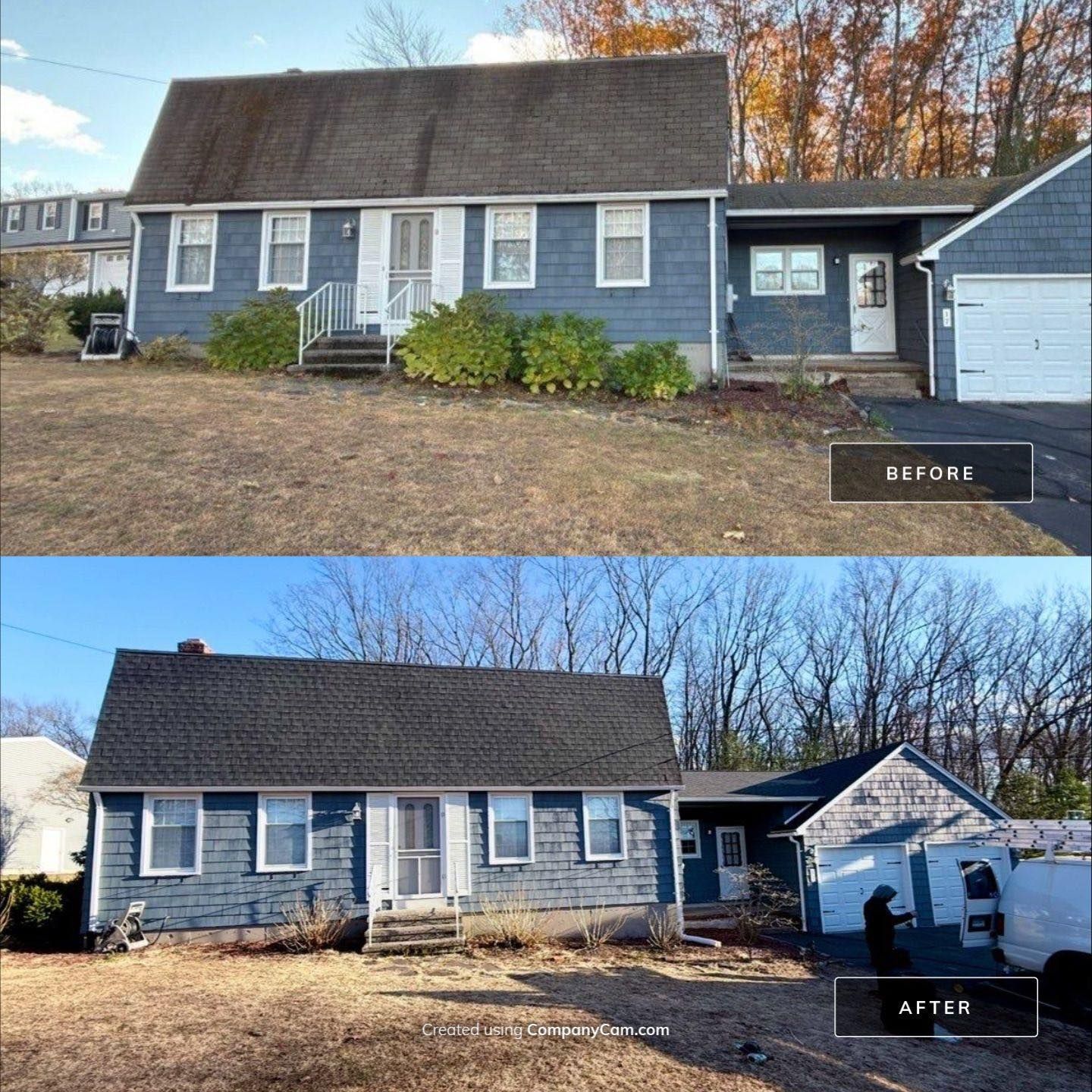 Before-and-after photos of a gray house exterior with new porch, windows, and landscaping