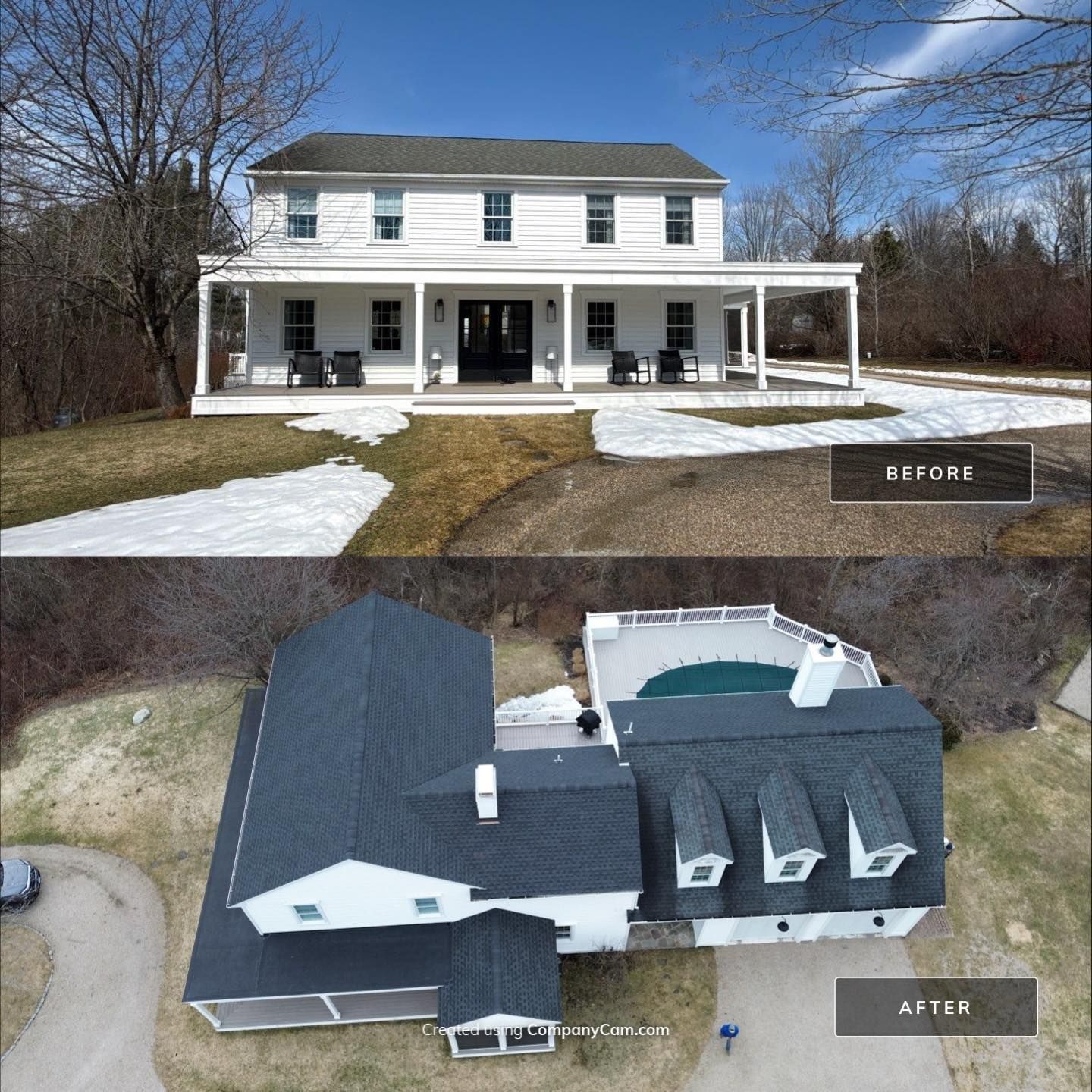 Two views of a white two-story house with black roof and front porch in a winter yard.