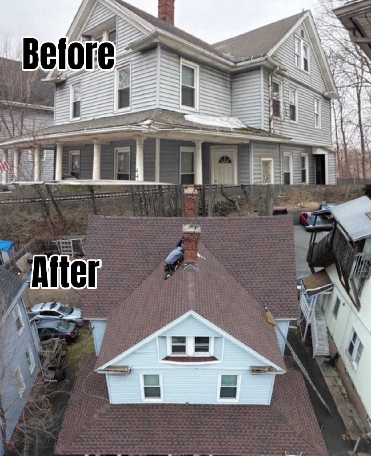 Before-and-after view of a house roof replacement, showing old gray siding and new brown shingles.