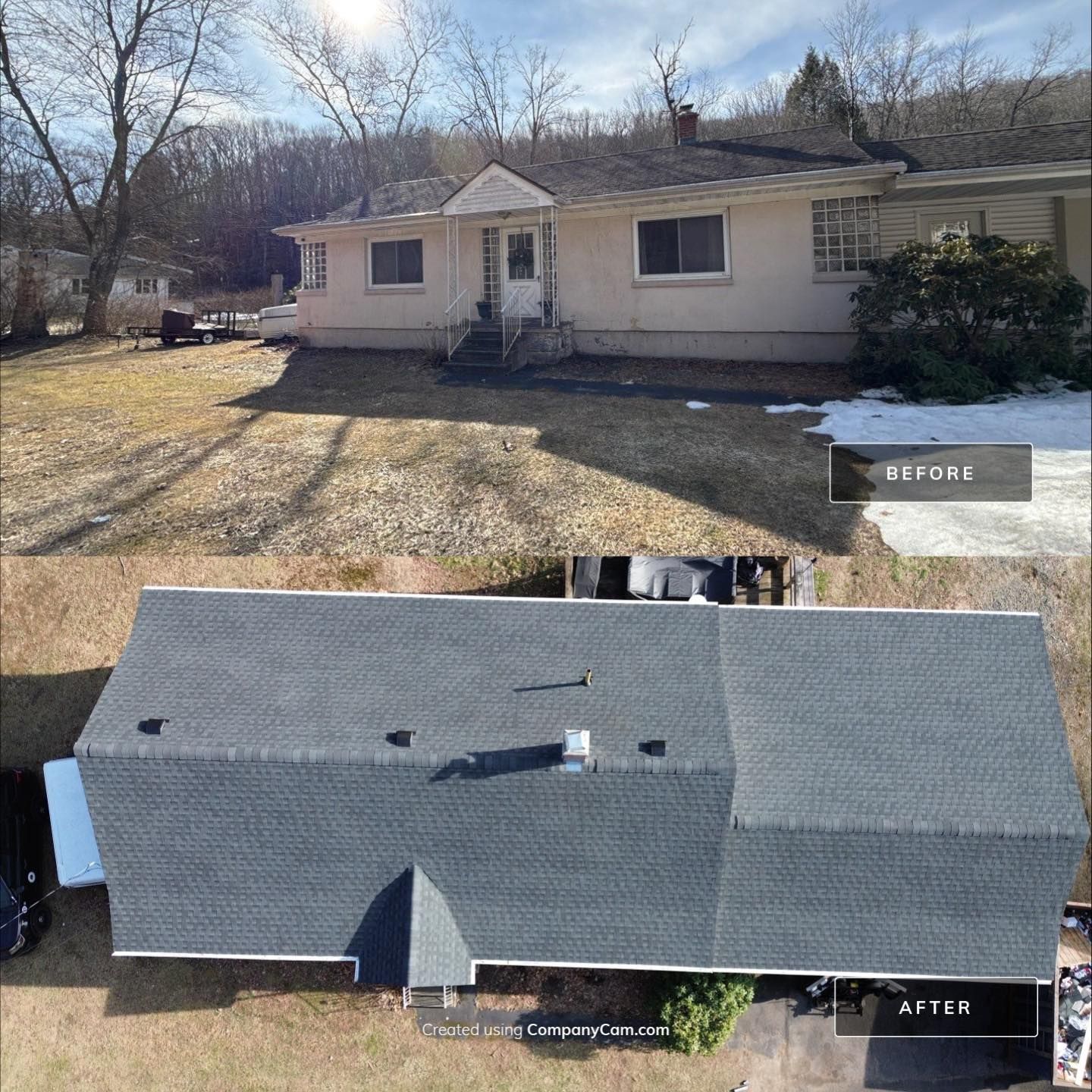 Front and roof views of a beige single-story house with gray shingles and leafless trees nearby