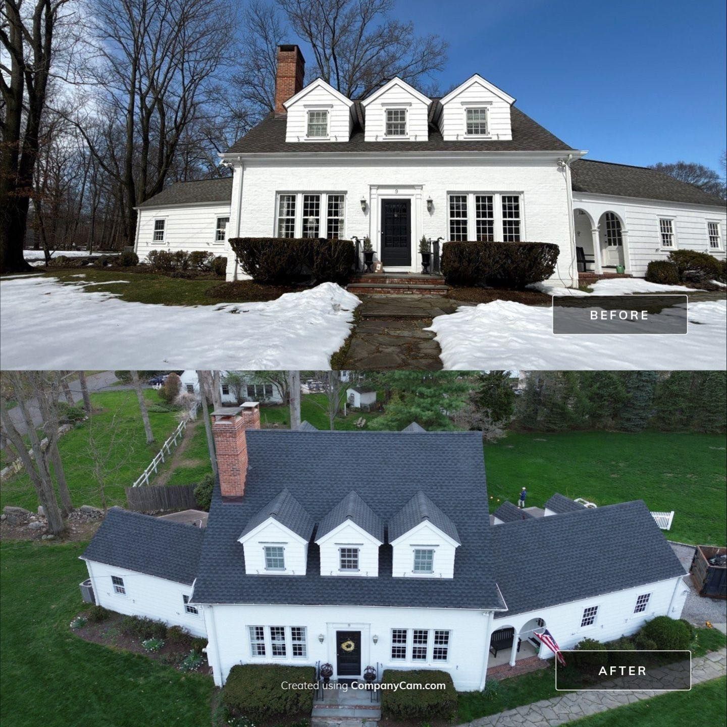 White colonial-style house with dormer windows, shown from front and aerial views in winter and summer.