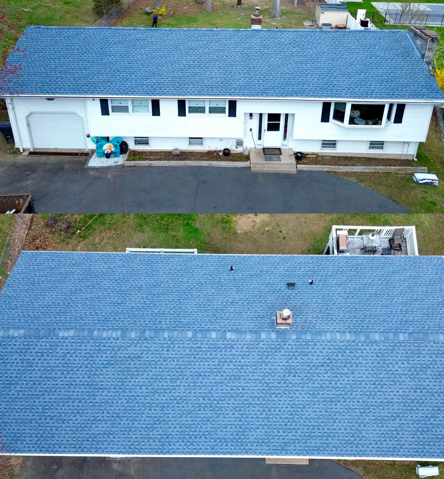 Aerial view of a white single-story house with a blue roof and driveway, shown from front and above.