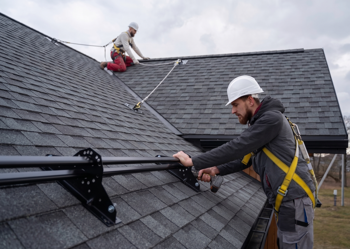 Roofing worker installing black shingles near a brick chimney on a sloped roof