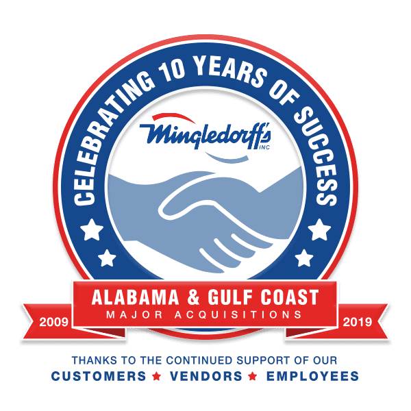 Mingledorff’s 10-year success anniversary logo for Alabama & Gulf Coast Major Acquisitions, blue and red with handshakes