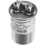 Silver metal capacitor with two terminals on top and a printed label