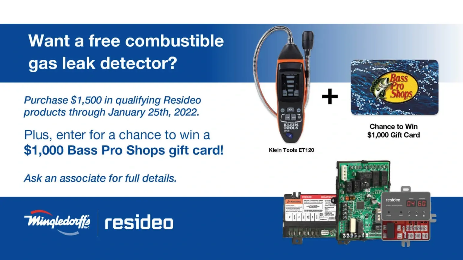 Blue promo ad for a free combustible gas leak detector with purchase of Resideo products and a Bosch gift card giveaway.