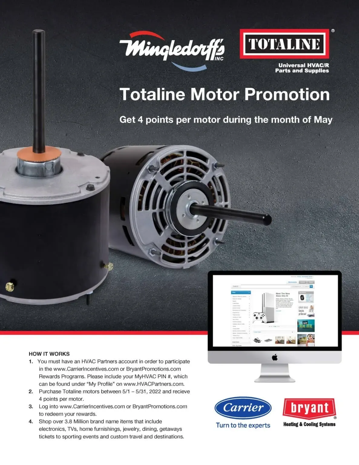Promotional poster for Totaline Motor Promotion with motor parts, website display, and logos on a dark background