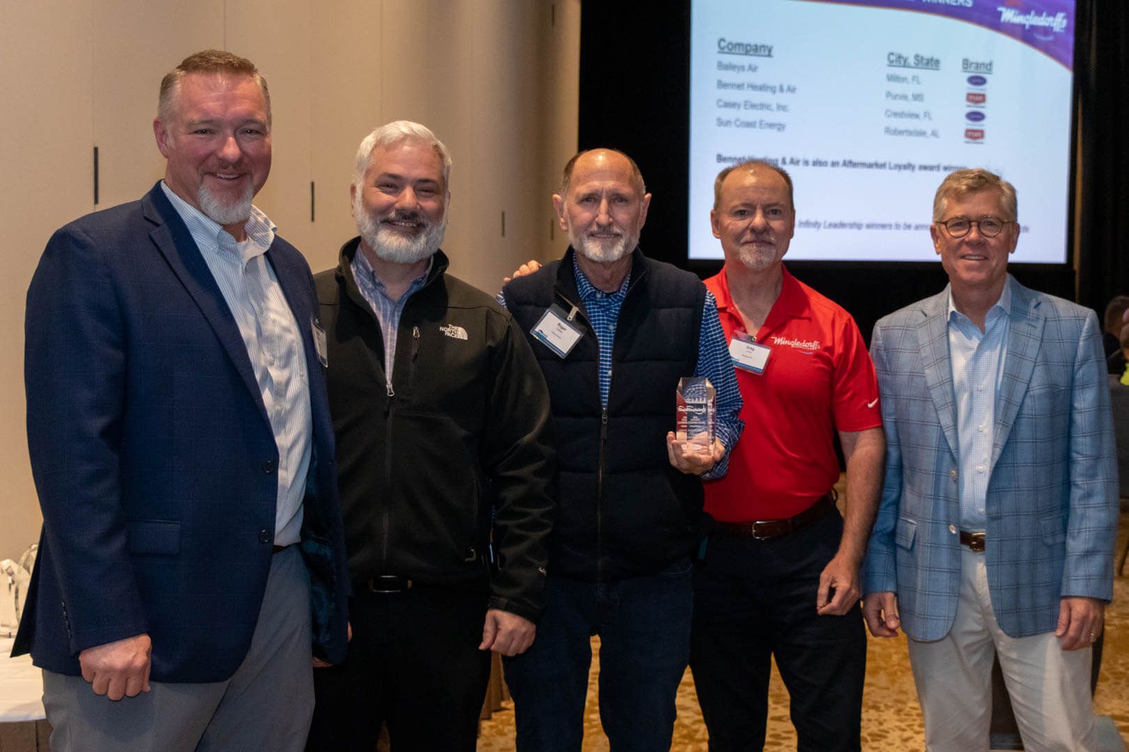 Five men posing at a conference, with one holding an award trophy in front of a presentation screen