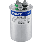 Silver BOJACK cylindrical capacitor with blue label and black terminals on top.