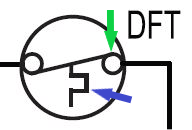 Diagram of a circular valve with black piping, green downward arrow, blue arrow, and “DFT” label.