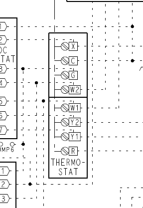 Wiring diagram showing thermostat terminals X, C, G, W2, W1, Y2, Y1, and R in a vertical block.