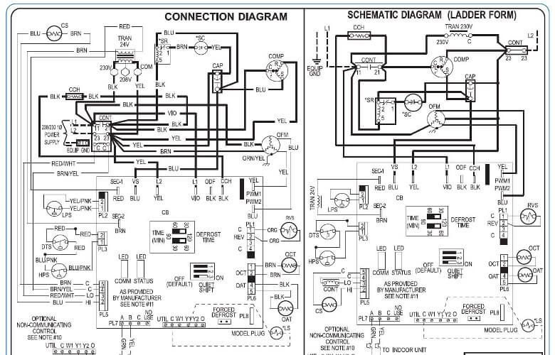 Black-and-white electrical wiring diagram with connection and schematic labels side by side