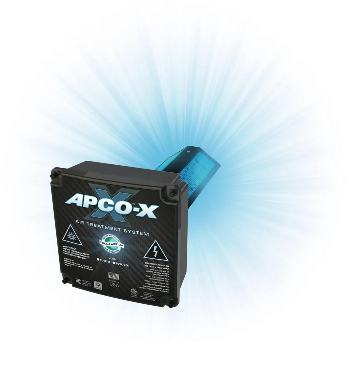 Black APCO-X light projector with blue glowing beam effect on a white background