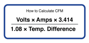 Formula card: “How to Calculate CFM” with Volts × Amps × 3.414 over 1.08 × Temp. Difference.