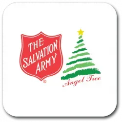The Salvation Army Angel Tree logo with red shield and green Christmas tree topped by a star