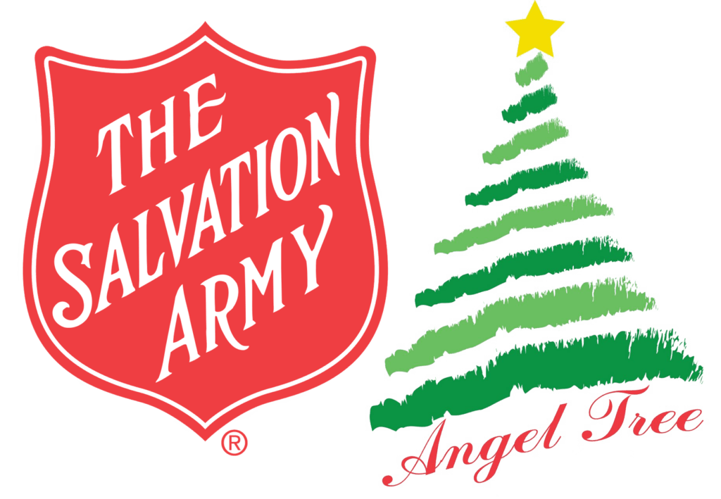 The Salvation Army logo beside a green Christmas tree with a star and 