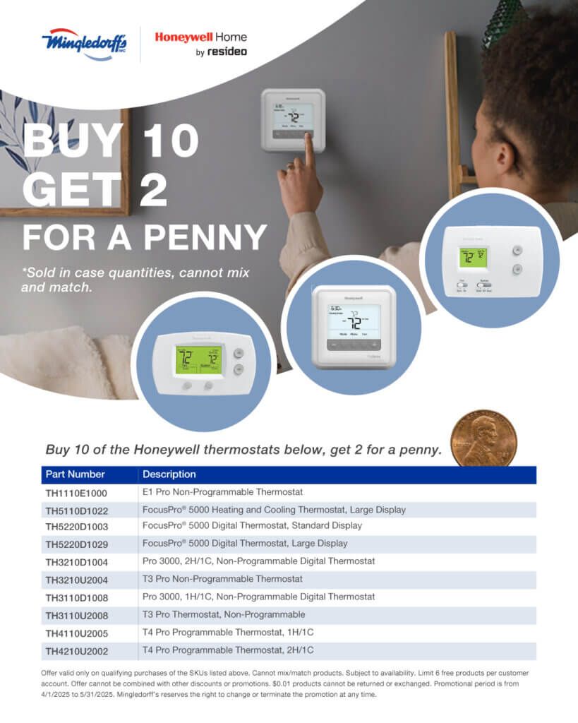 Water heater sale ad: Buy 10, get 2 for a penny, with thermostat images and product table.