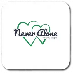 “Never Alone” logo with green intertwined hearts and small “Helping people” text