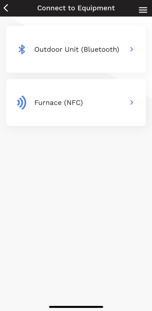 Dark mobile app screen titled “Connect to Equipment” with Bluetooth devices list and menu icon.