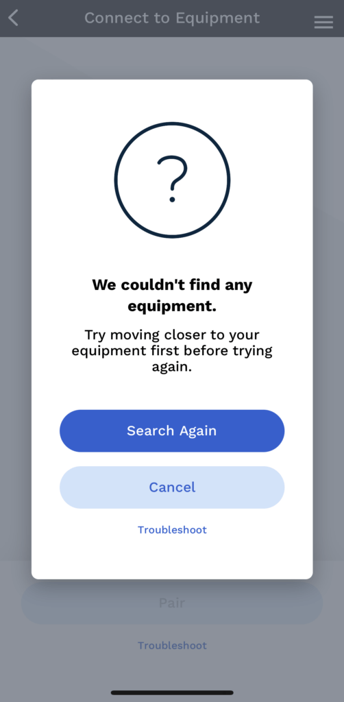 Empty-state mobile screen with question mark icon and buttons “Search Again” and “Cancel”
