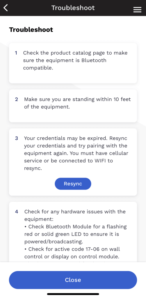 Mobile app troubleshooting screen with three tip cards and a blue Close button at the bottom