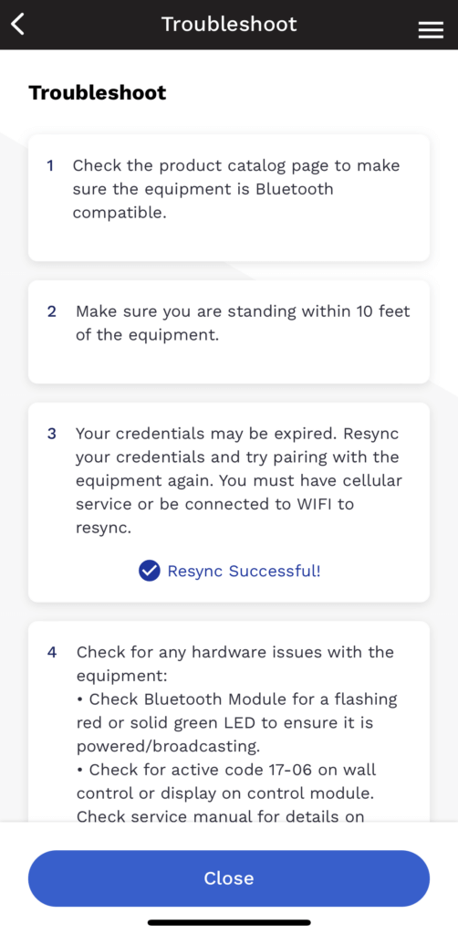 Mobile app troubleshooting screen with three help tips and a blue Close button