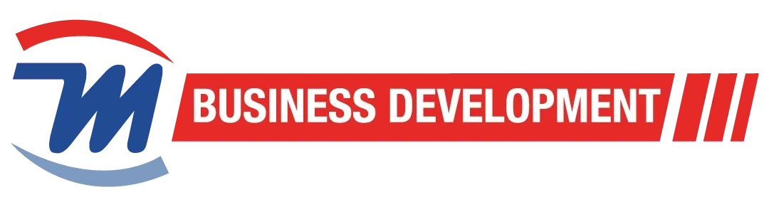 Business Development logo with red banner and blue stylized M icon