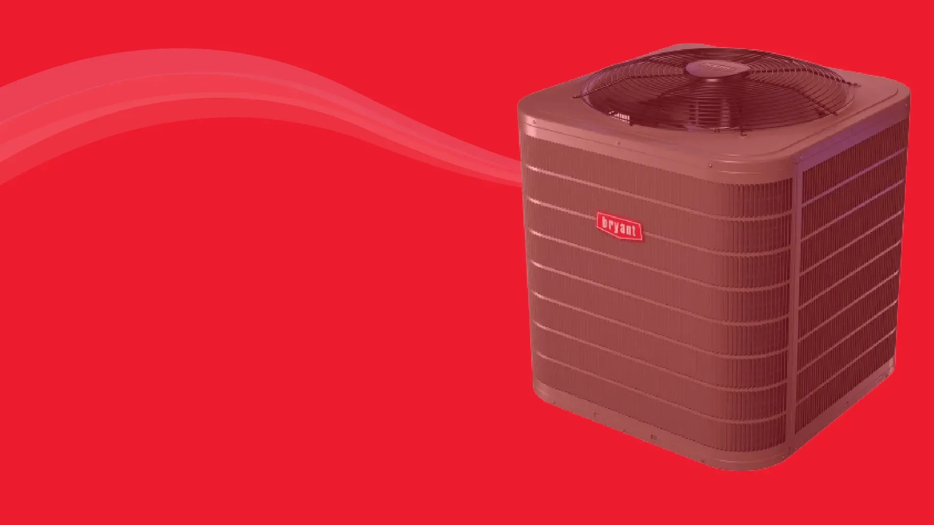 Red HVAC outdoor unit on a bright red background with a faint white wave