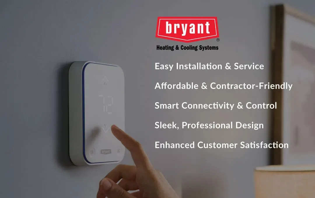 Bryant HVAC ad with thermostat and hand adjusting it, listing service benefits on gray wall