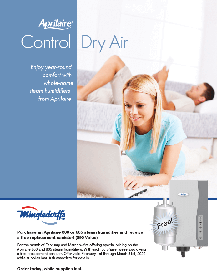 Aprilaire Control Dry Air ad with woman using laptop and humidifier product on white background