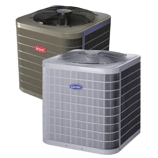 Two outdoor HVAC condenser units, one gray and one dark green, with top fans and side grilles.