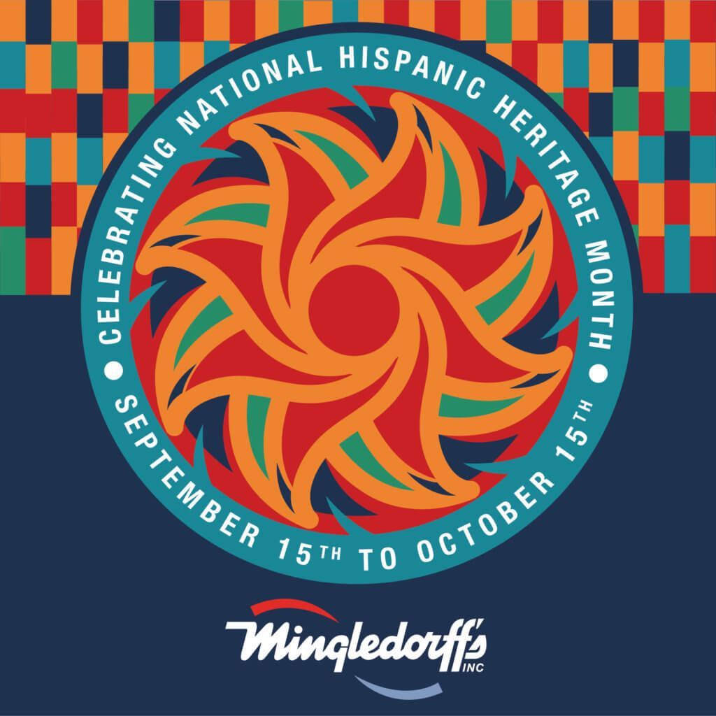 Celebrating National Hispanic Heritage Month graphic with orange sunburst, teal ring, and September 15–October 15 text