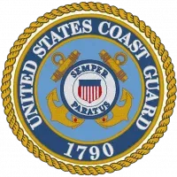 United States Coast Guard seal with blue center, gold rope border, anchor, and “Semper Paratus” motto