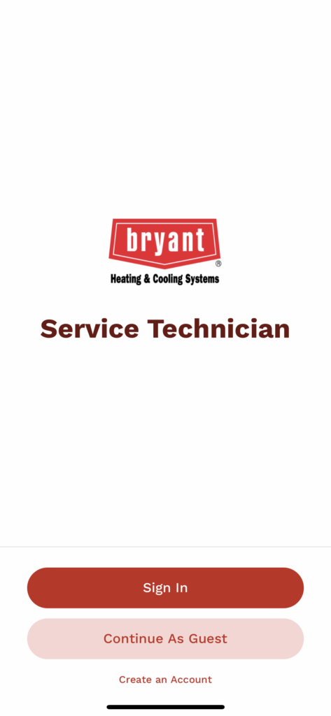 Bryant service technician login screen with red sign-in button and “continue as guest” option