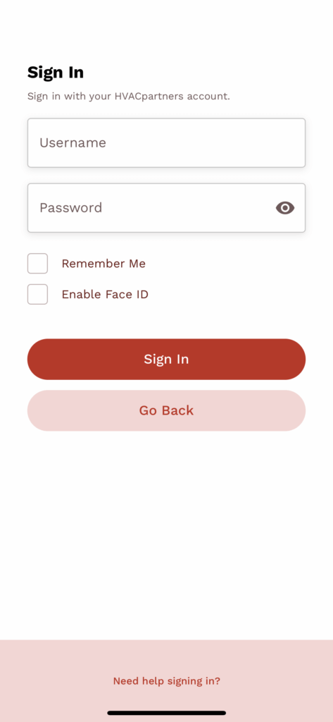 Mobile sign-in screen with email and password fields, forgot password link, and red sign-in button on a white background