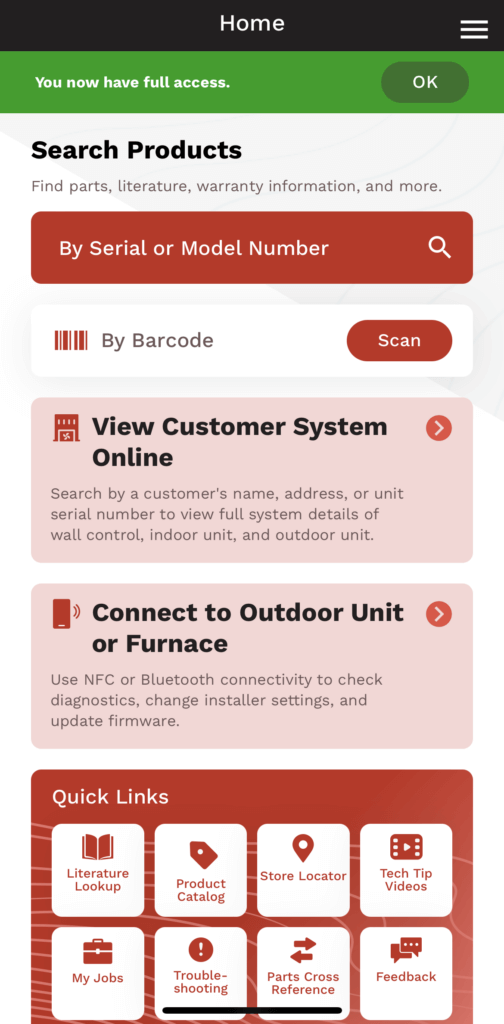 Mobile app search screen with red search bar, customer system card, and quick-link icons for products and support