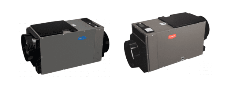 Two black electronic devices with side vents, one with a blue label and one with a red label.
